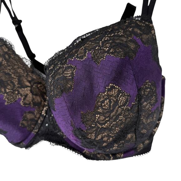 Cacique Bra Size 38F Purple Black Lace Underwired Strappy Sexy Back Closure Bra - Picture 2 of 10